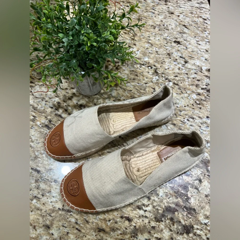 Tory Burch Color Block Tan Leather Flat Espadrille 9.5